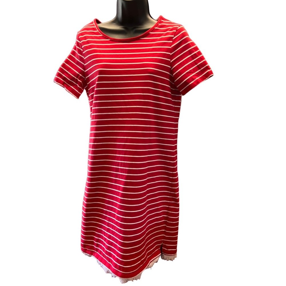 Beach Lunch Lounge Red Shift Dress White Stripes Fringe at Hem size M
